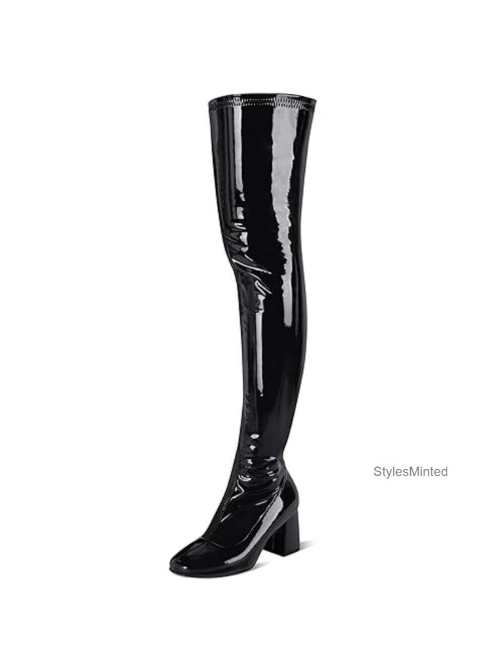 Women's Patent PU Over the Knee Boots, Square Toe Thigh High Block Heel Boots